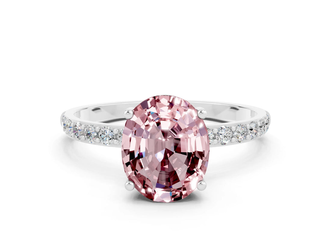 White gold Oval Cut Morganite Solitaire Ring with Pave Band and Four Prong Setting_24