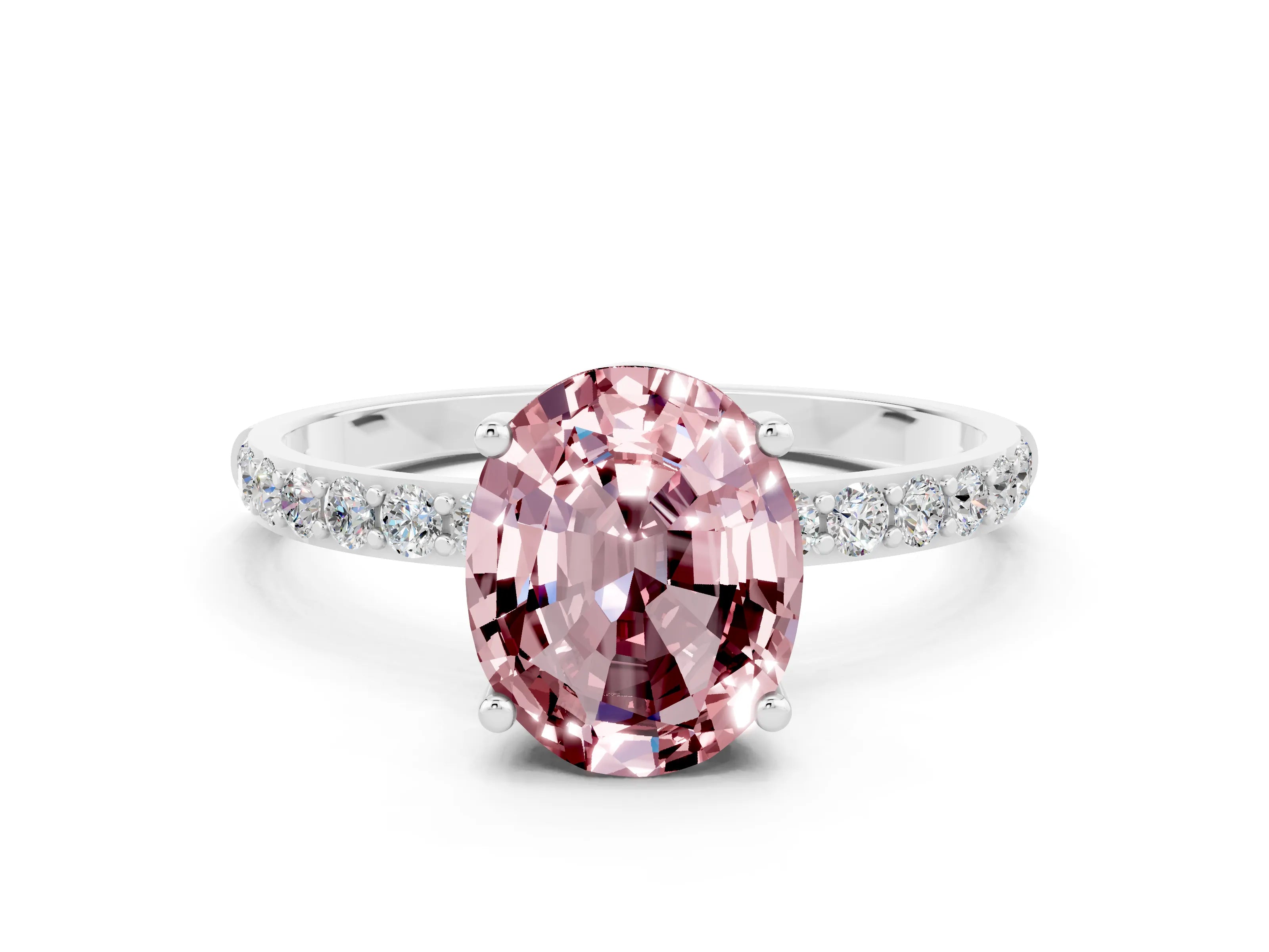 White gold Oval Cut Morganite Solitaire Ring with Pave Band and Four Prong Setting_24