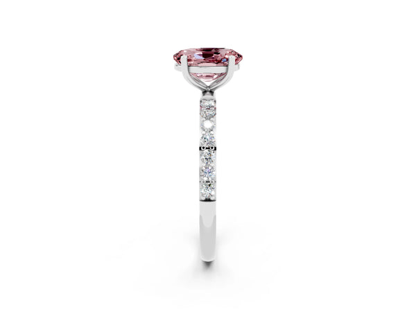 Platinum Oval Cut Morganite Solitaire Ring with Round  Pavé Band and Prong Setting