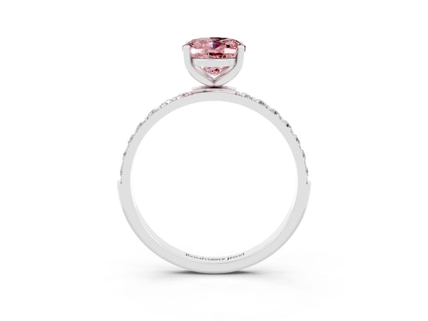 White gold Oval Cut Morganite Solitaire Ring with Round  Pavé Band and Prong Setting