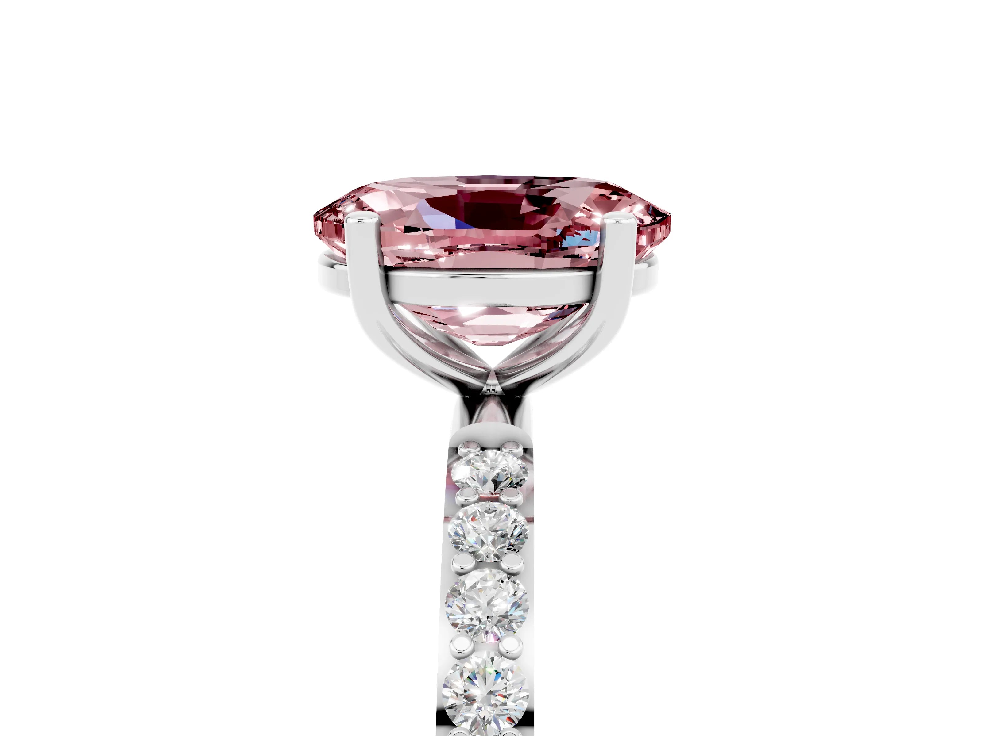White gold Oval Cut Morganite Solitaire Ring with Pave Band and Four Prong Setting_29