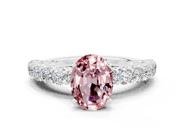 Platinum Oval Cut Morganite Solitaire Ring with Shared Prong Pavé Band and Four-Prong Setting