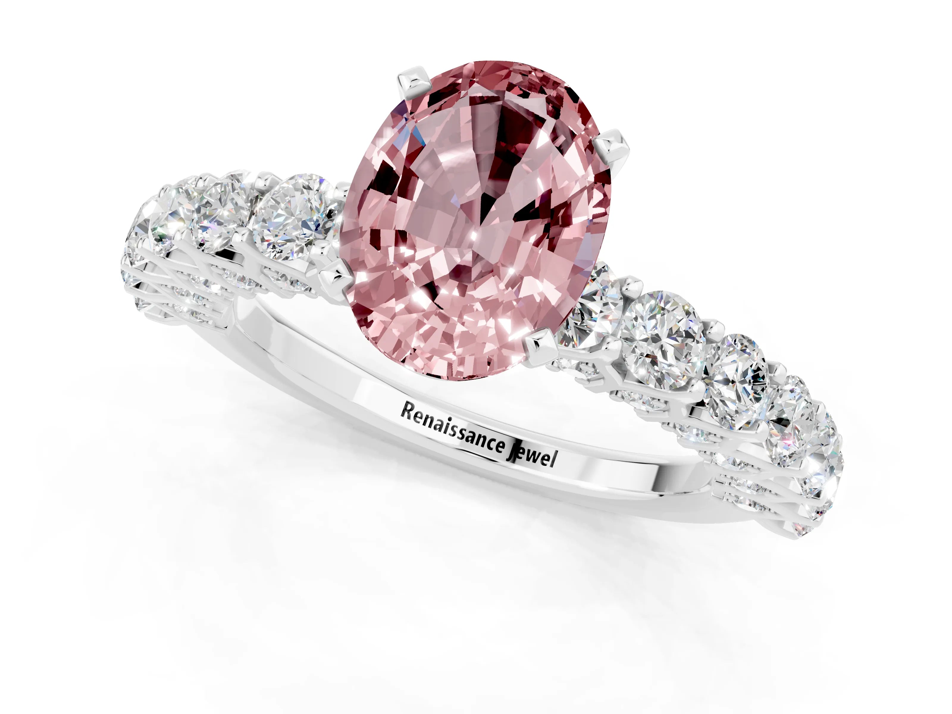 White gold Oval Cut Morganite Solitaire Ring with Shared Prong Pavé Band and Four-Prong Setting_1
