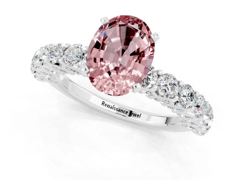 White gold Oval Cut Morganite Solitaire Ring with Shared Prong Pavé Band and Four-Prong Setting_1