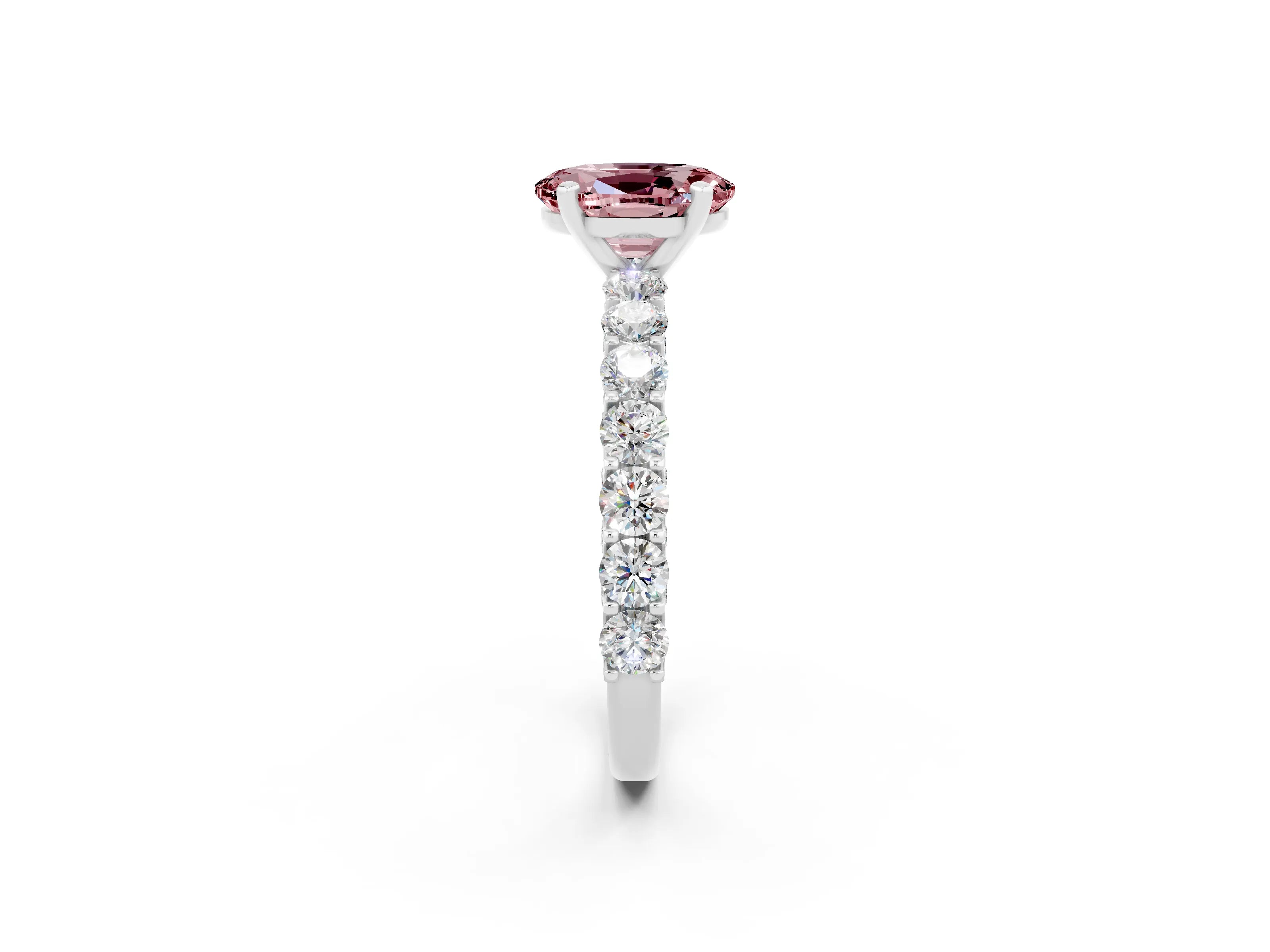 White gold Oval Cut Morganite Solitaire Ring with Shared Prong Pavé Band and Four-Prong Setting_2