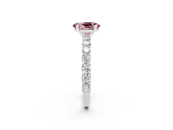 Platinum Oval Cut Morganite Solitaire Ring with Shared Prong Pavé Band and Four-Prong Setting