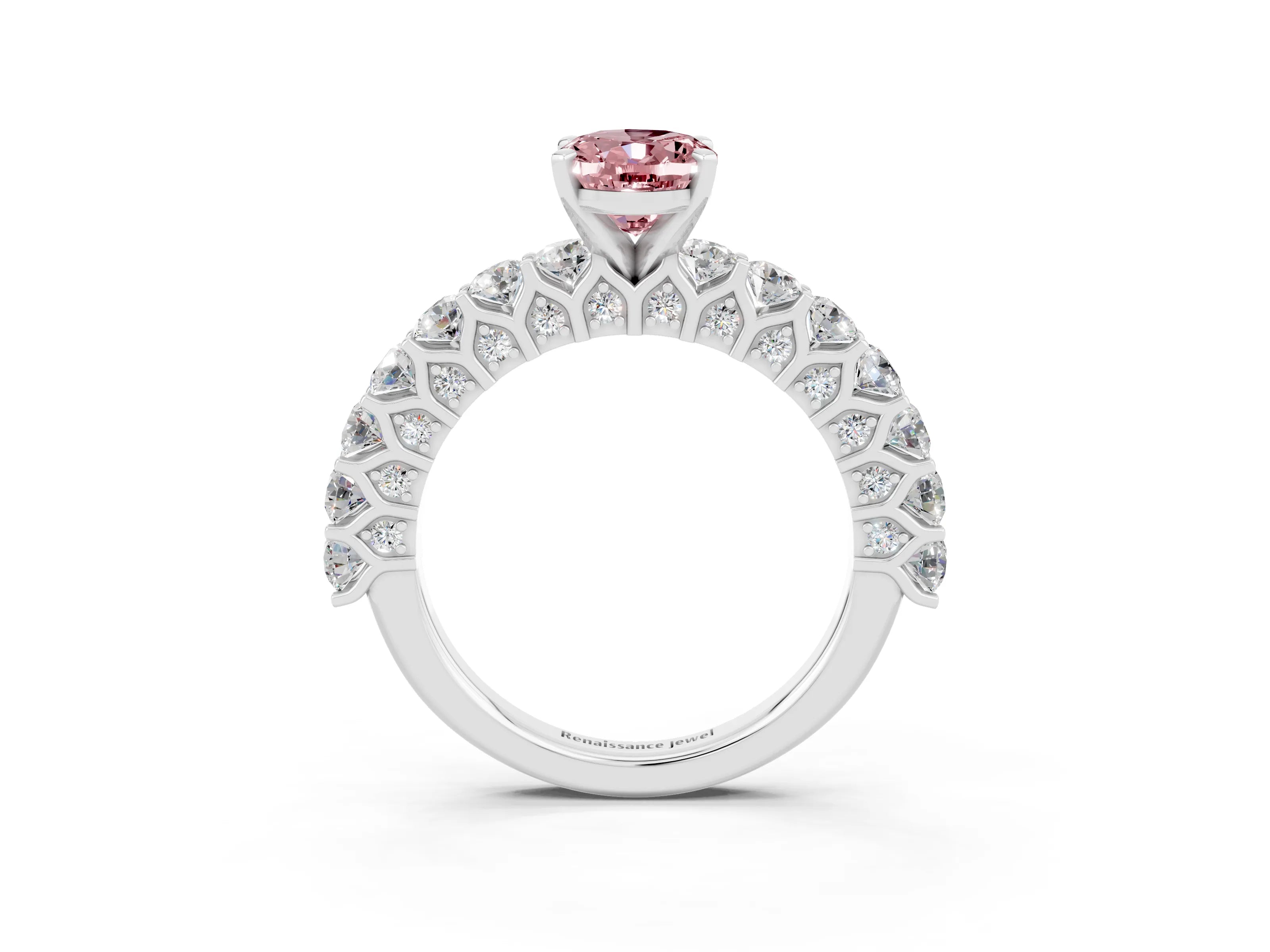 White gold Oval Cut Morganite Solitaire Ring with Shared Prong Pavé Band and Four-Prong Setting_3