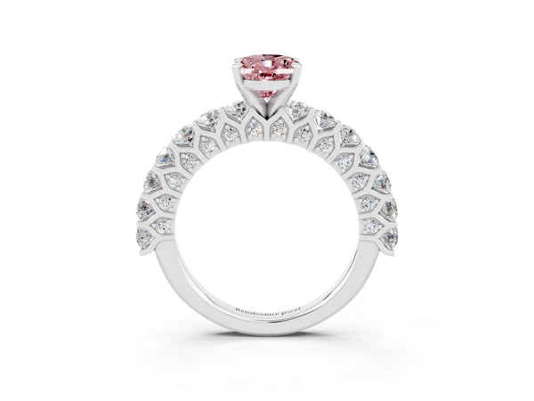 White gold Oval Cut Morganite Solitaire Ring with Shared Prong Pavé Band and Four-Prong Setting