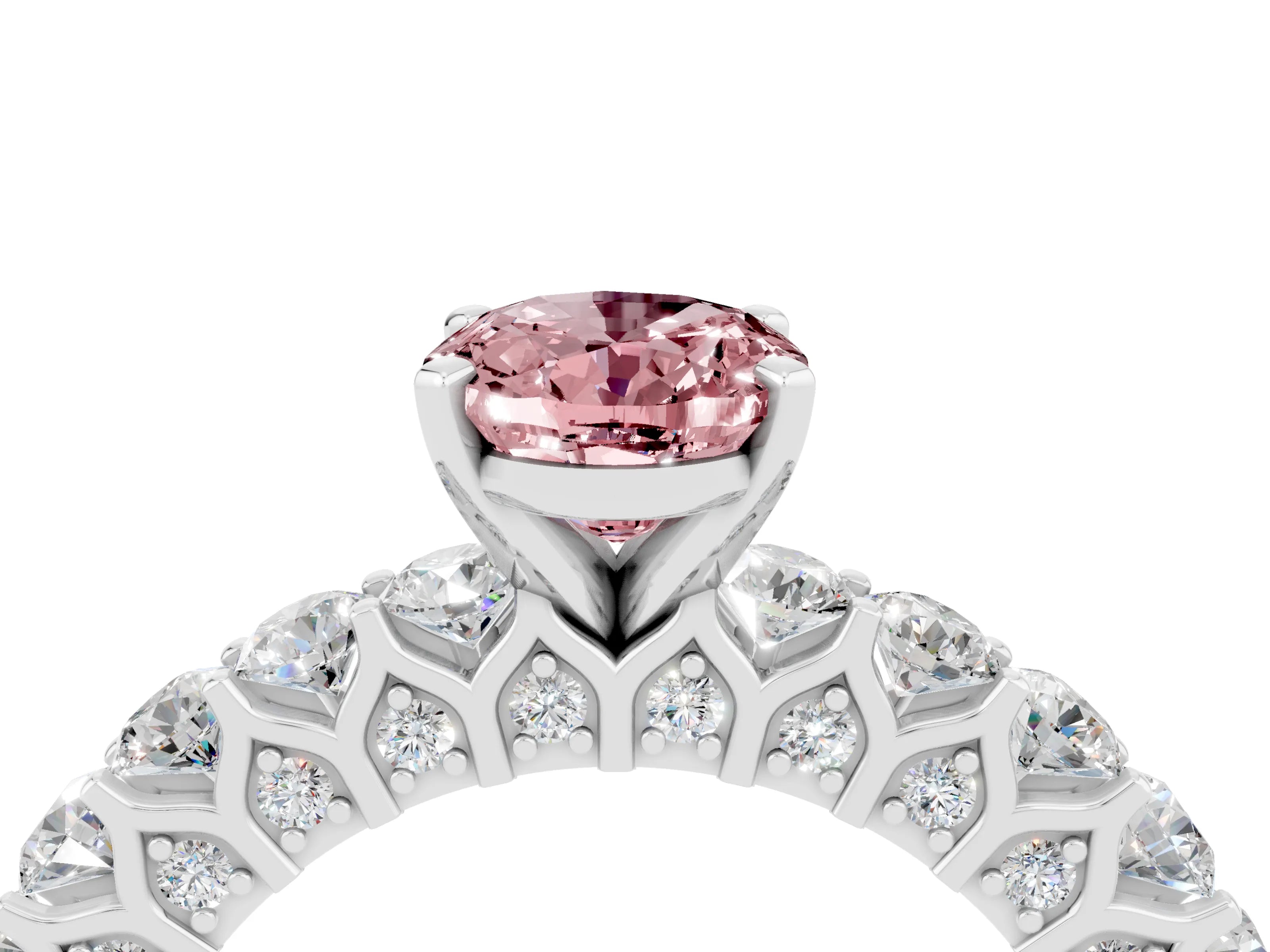 White gold Oval Cut Morganite Solitaire Ring with Shared Prong Pavé Band and Four-Prong Setting_4