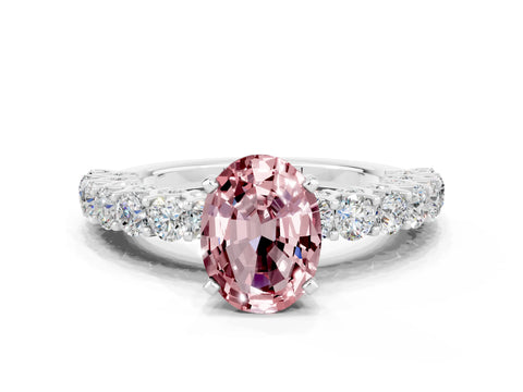 White gold Oval Cut Morganite Solitaire Ring with Shared Prong Pavé Band and Four-Prong Setting