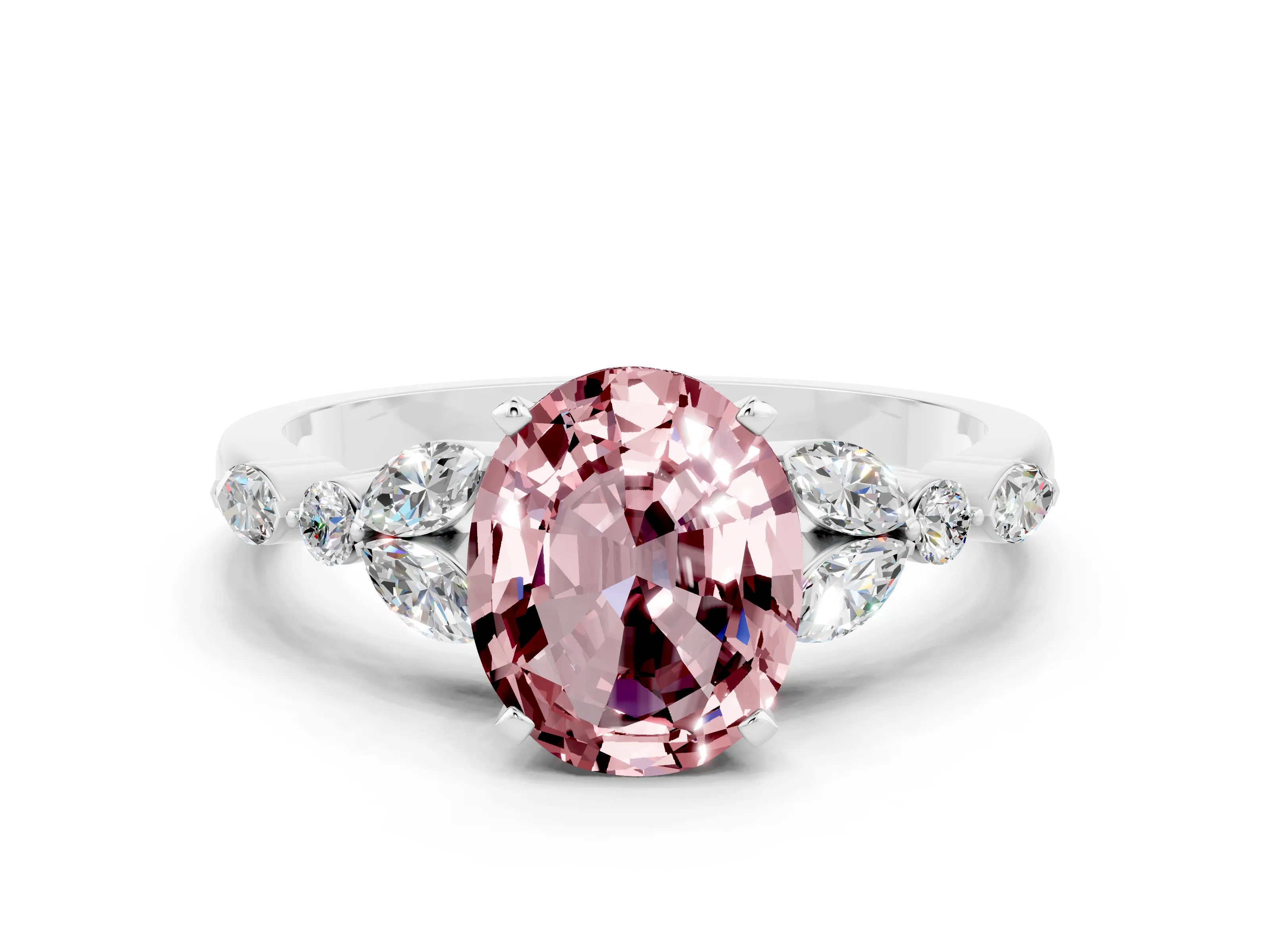 White gold Oval Cut Morganite Solitaire Ring with Side Stones and Four-Prong Setting_12