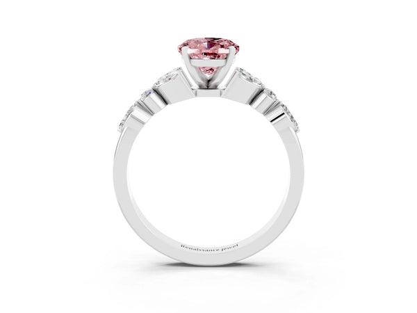 Platinum Oval Cut Morganite Solitaire Ring with Side Stones and Four-Prong Setting