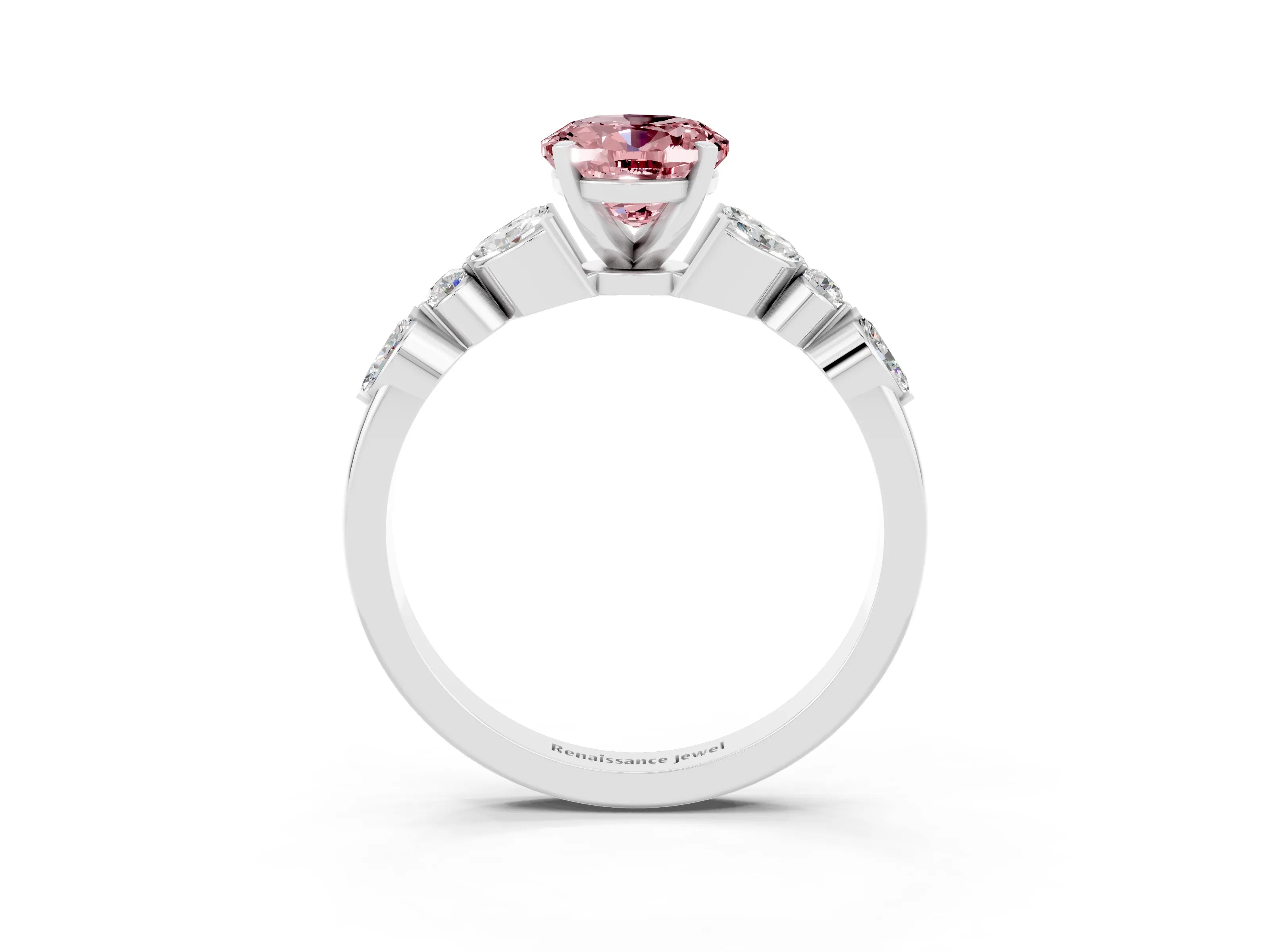 White gold Oval Cut Morganite Solitaire Ring with Side Stones and Four-Prong Setting_15