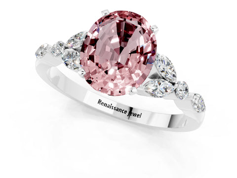 White gold Oval Cut Morganite Solitaire Ring with Side Stones and Four-Prong Setting_25