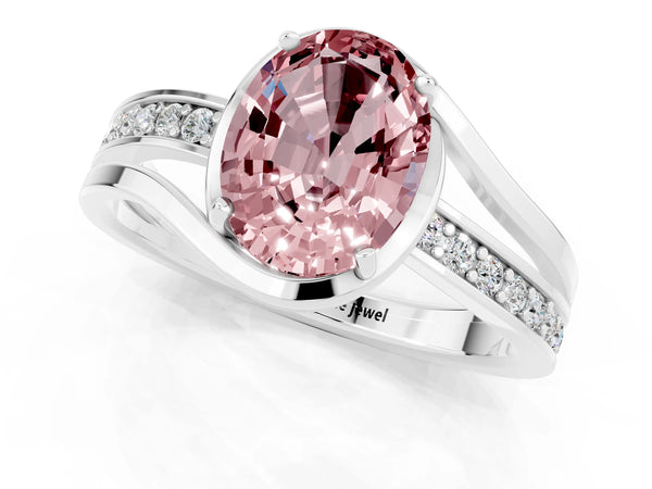White gold Oval Cut Morganite Solitaire Ring with Split Shank and Prong Setting