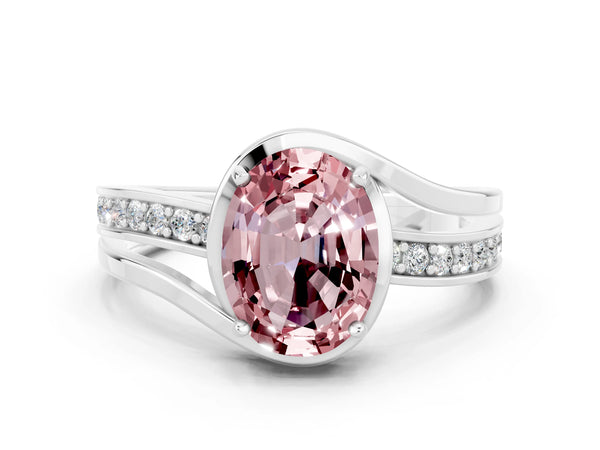 Silver Oval Cut Morganite Solitaire Ring with Split Shank and Prong Setting