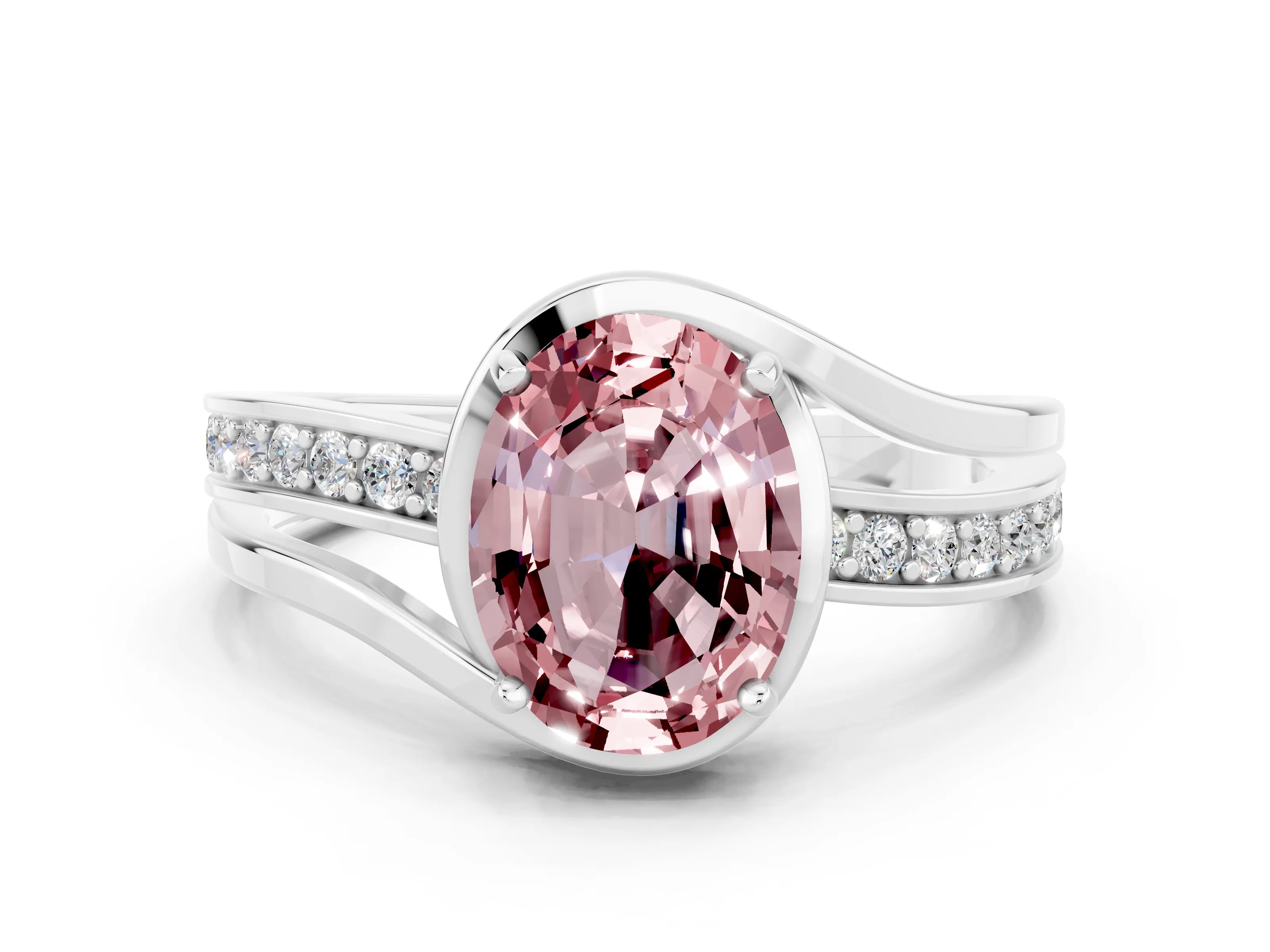 White gold Oval Cut Morganite Solitaire Ring with Split Shank and Prong Setting