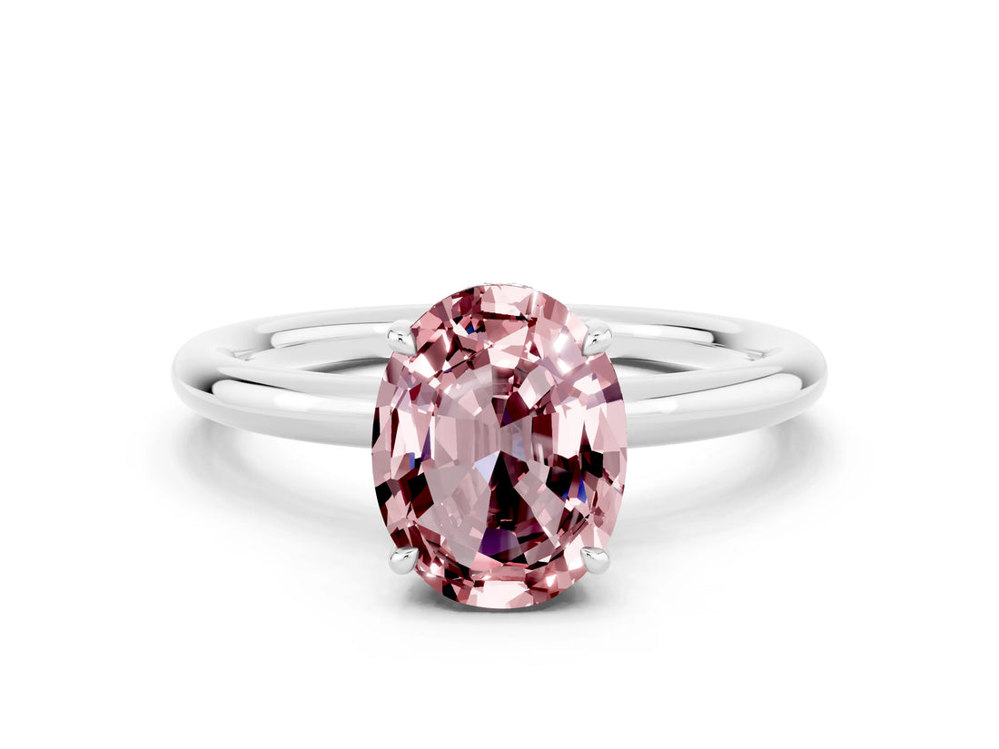 White gold Oval Cut Morganite Solitaire Ring with Thin Band and Four-Prong Setting_12