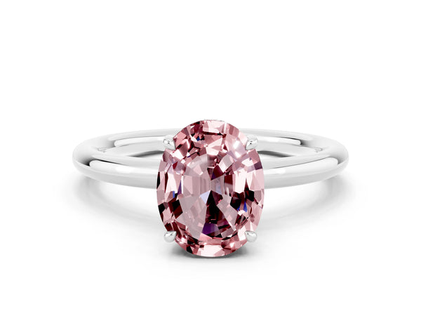 White gold Oval Cut Morganite Solitaire Ring with Thin Band and Four-Prong Setting