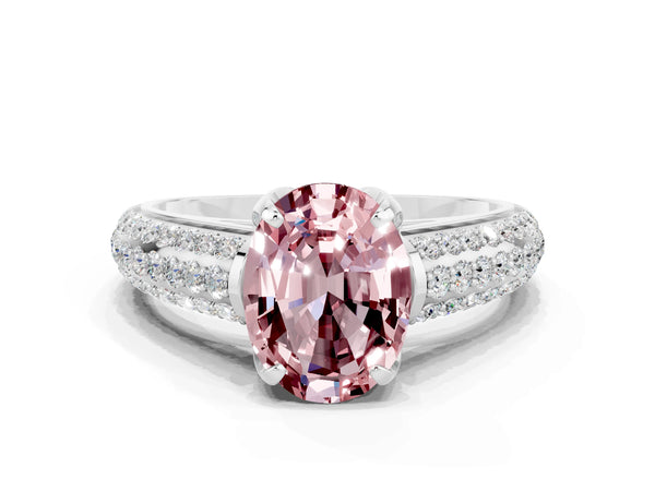 Platinum Oval Cut Morganite Solitaire Ring with Three-Row Pavé Band and Four-Prong Setting