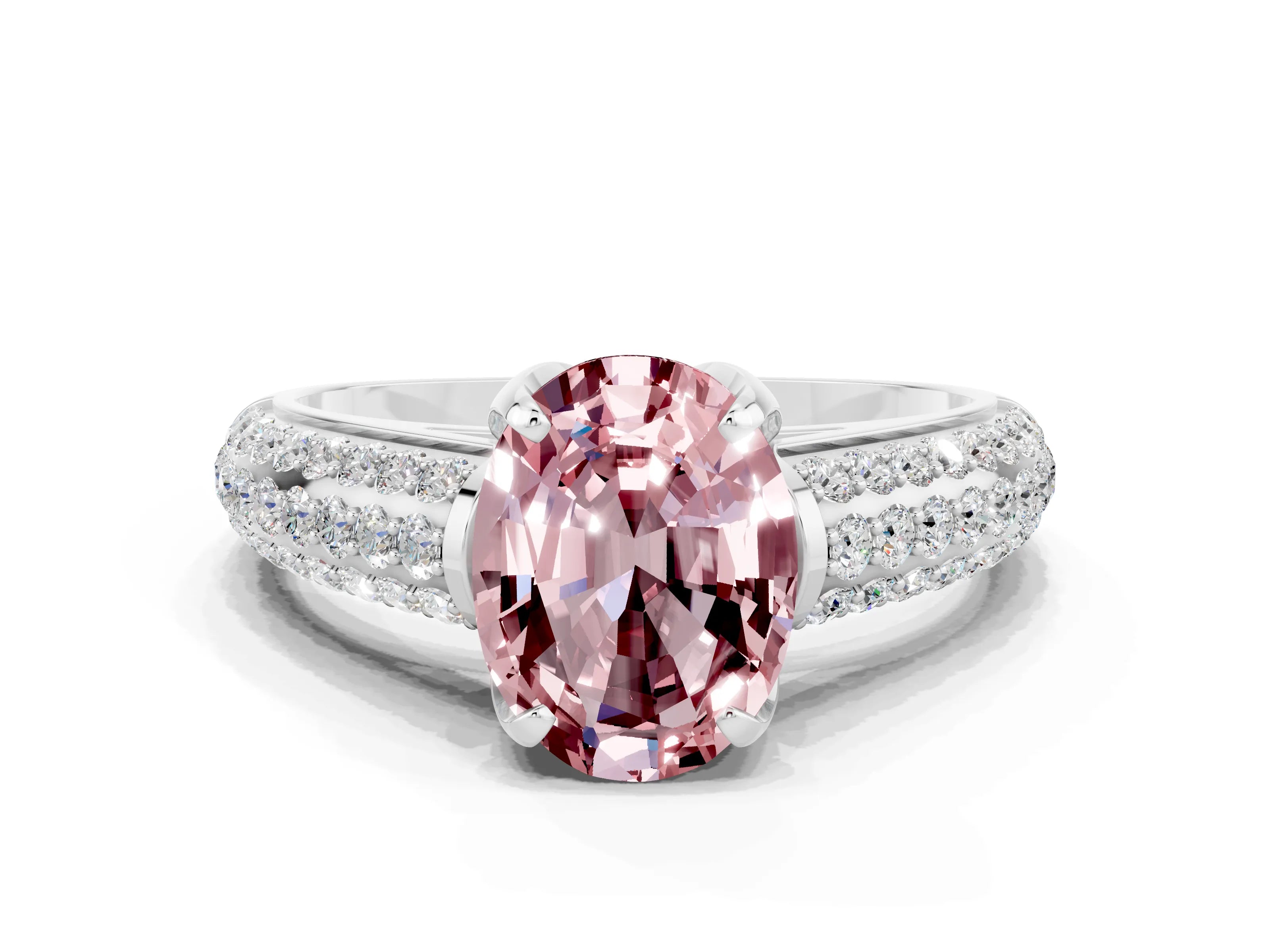 White gold Oval Cut Morganite Solitaire Ring with Three-Row Pavé Band and Four-Prong Setting_12