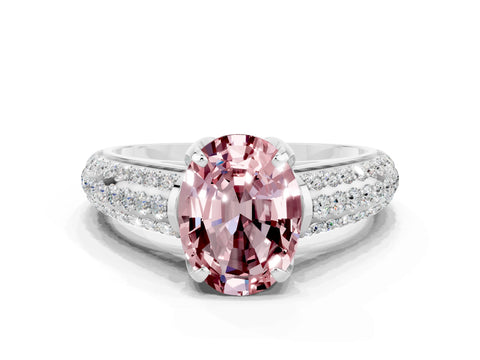 White gold Oval Cut Morganite Solitaire Ring with Three-Row Pavé Band and Four-Prong Setting_12