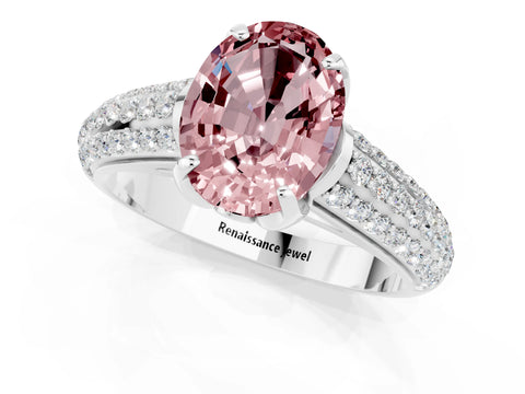 White gold Oval Cut Morganite Solitaire Ring with Three-Row Pavé Band and Four-Prong Setting_13