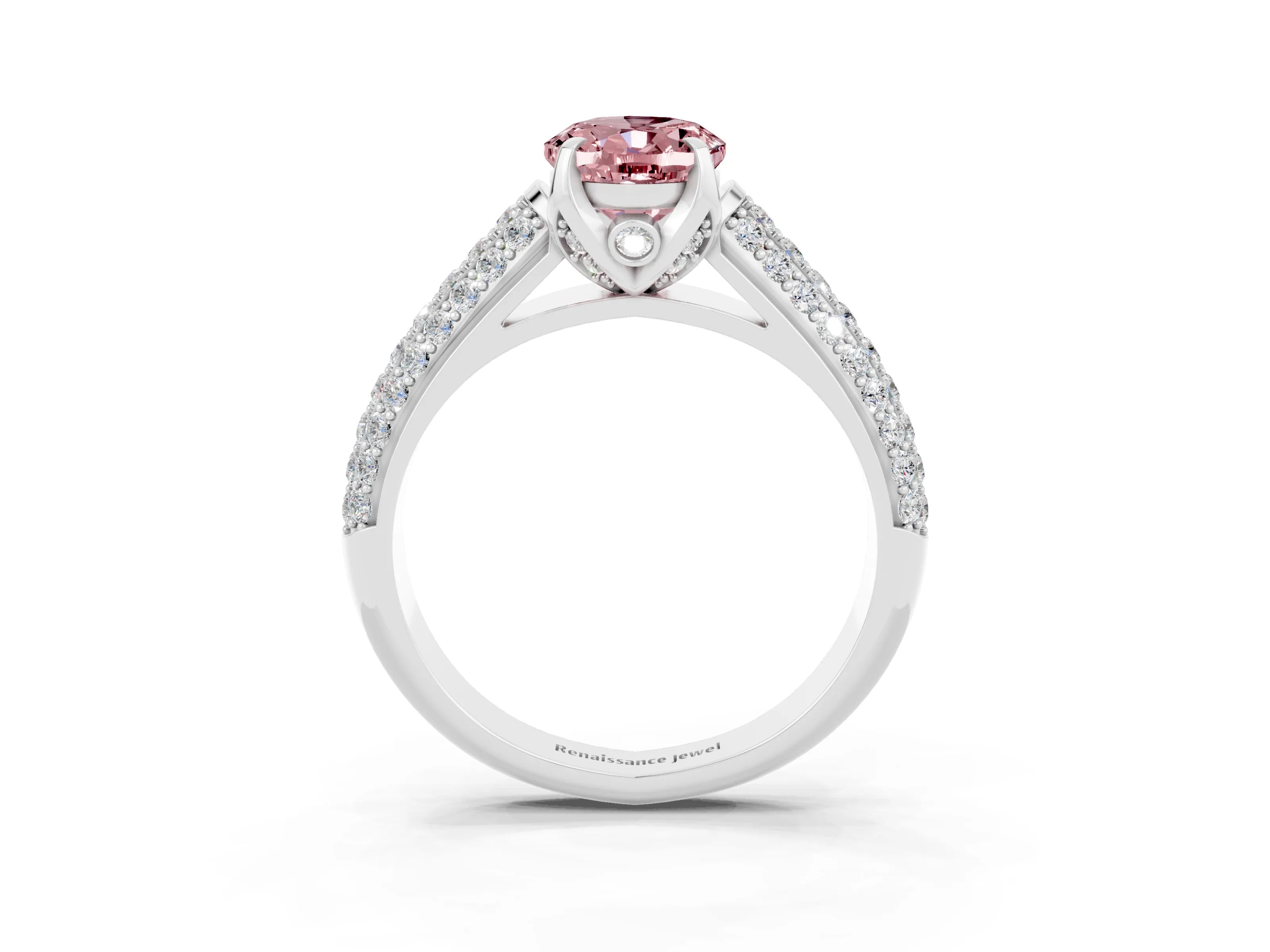 White gold Oval Cut Morganite Solitaire Ring with Three-Row Pavé Band and Four-Prong Setting_15