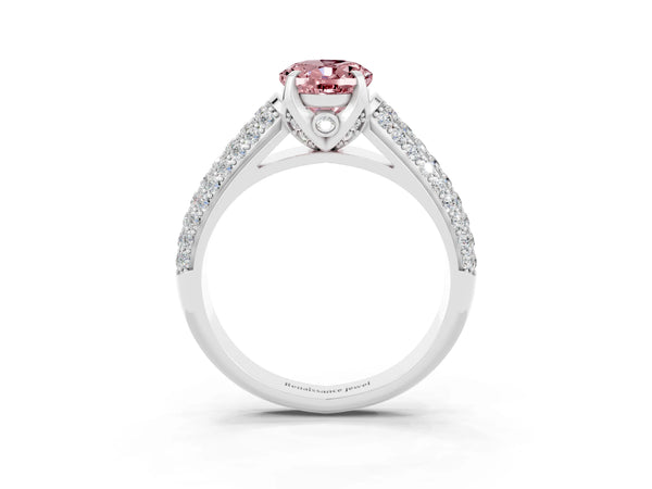 Silver Oval Cut Morganite Solitaire Ring with Three-Row Pavé Band and Four-Prong Setting