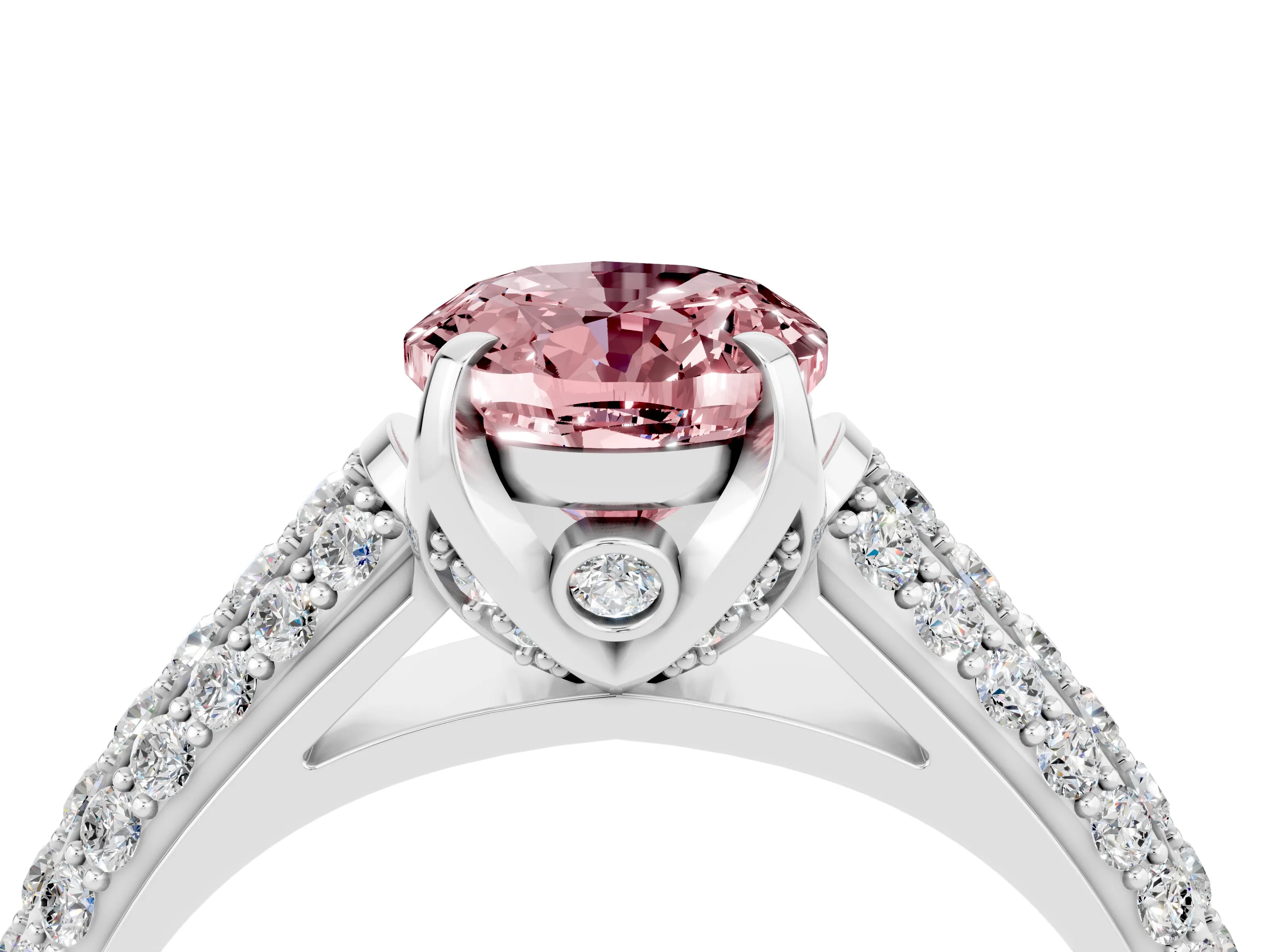 White gold Oval Cut Morganite Solitaire Ring with Three-Row Pavé Band and Four-Prong Setting_16