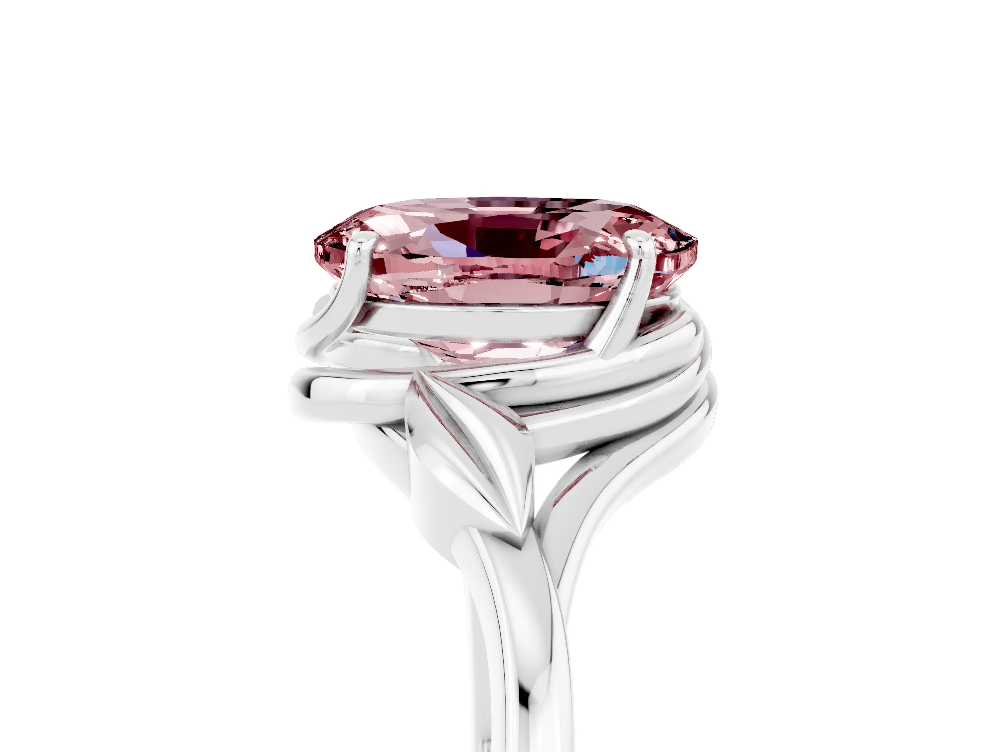 White gold Oval Cut Morganite Solitaire Ring with Twist Band and Four-Prong Setting_41