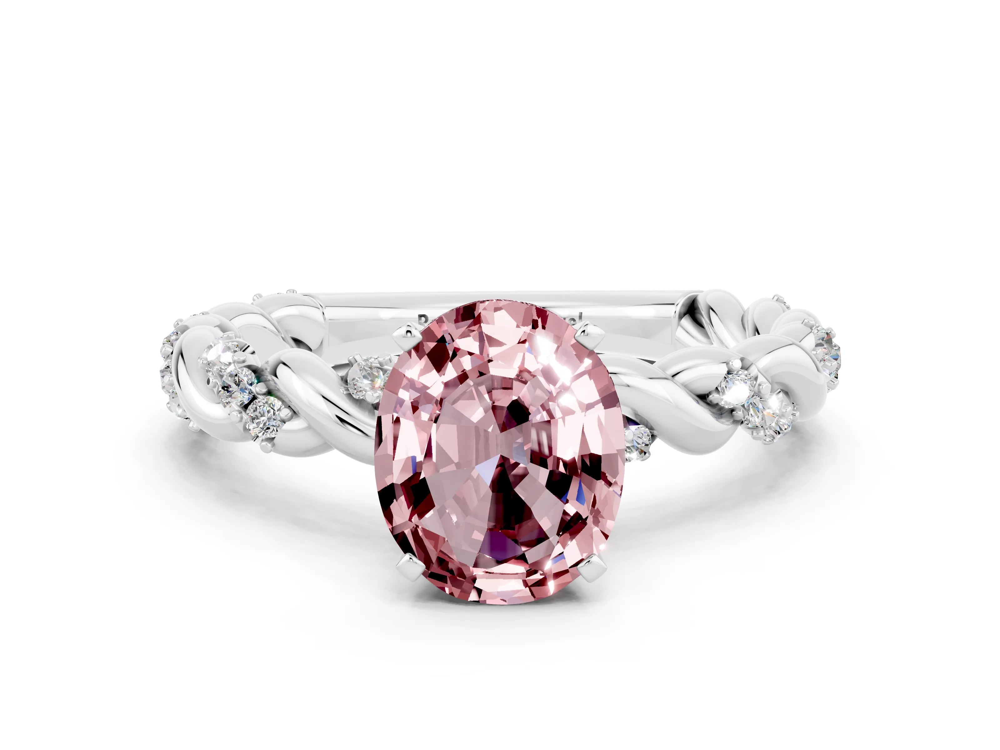 White gold Oval Cut Morganite Solitaire Ring with Twisted Band and Pavé Accents