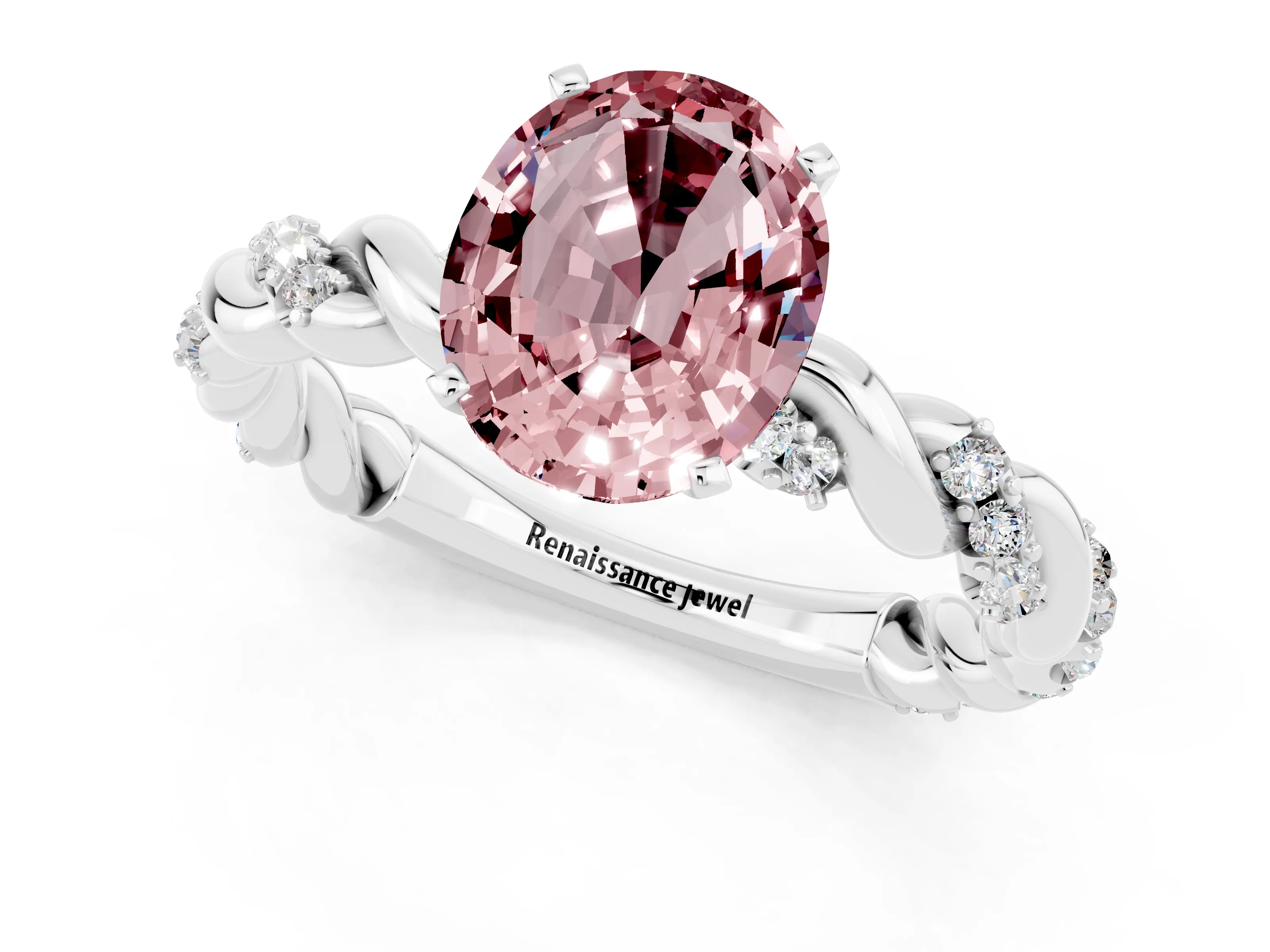 White gold Oval Cut Morganite Solitaire Ring with Twisted Band and Pavé Accents_1