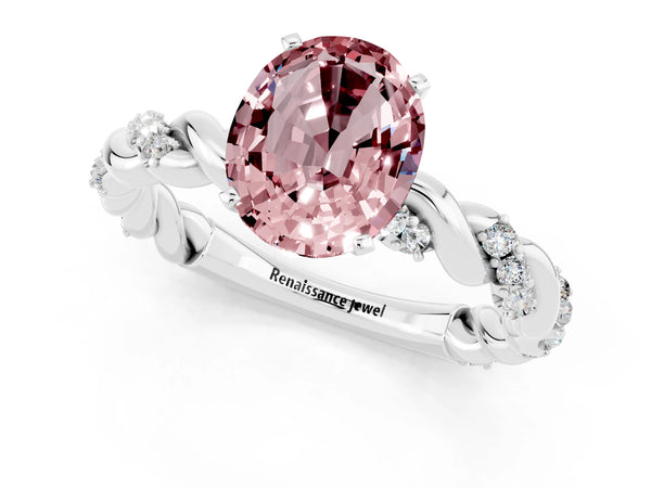 Platinum Oval Cut Morganite Solitaire Ring with Twisted Band and Pavé Accents
