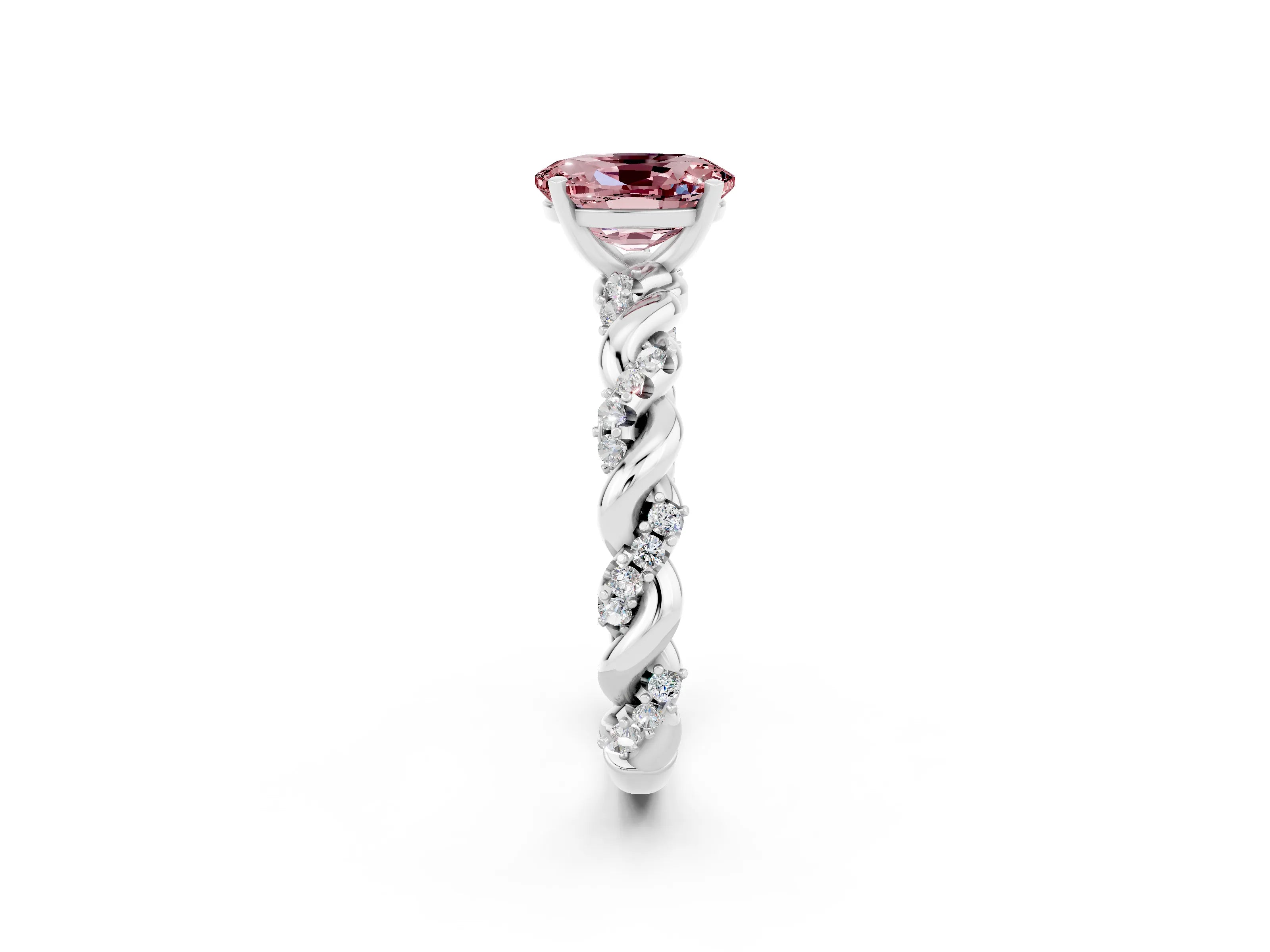 White gold Oval Cut Morganite Solitaire Ring with Twisted Band and Pavé Accents_2