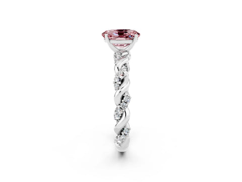 White gold Oval Cut Morganite Solitaire Ring with Twisted Band and Pavé Accents_2