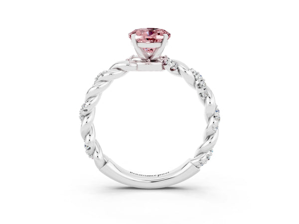 White gold Oval Cut Morganite Solitaire Ring with Twisted Band and Pavé Accents