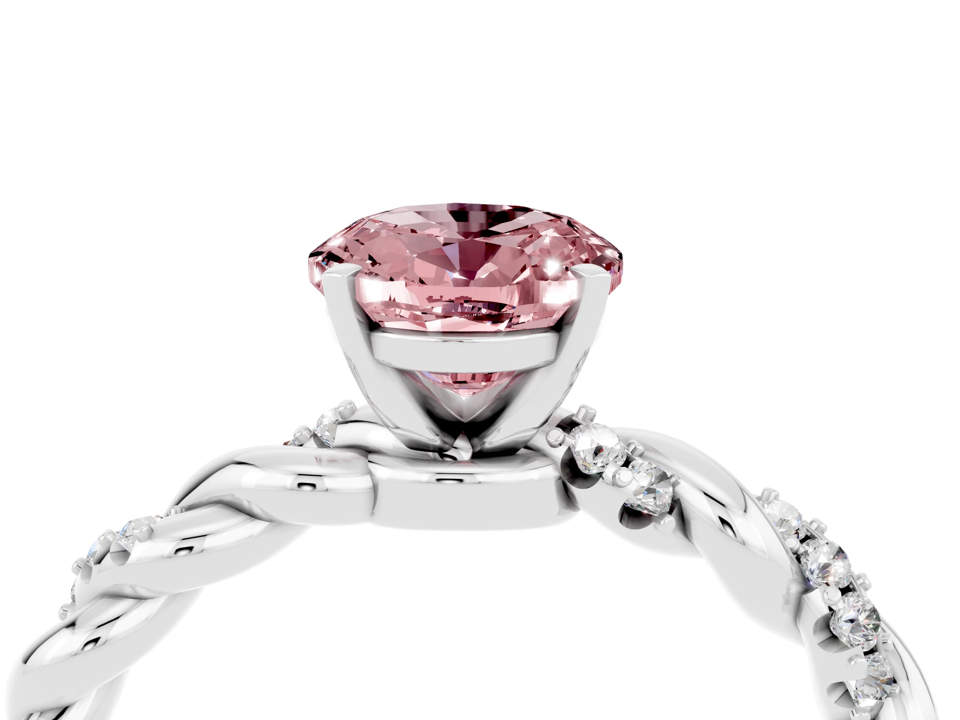 White gold Oval Cut Morganite Solitaire Ring with Twisted Band and Pavé Accents_4