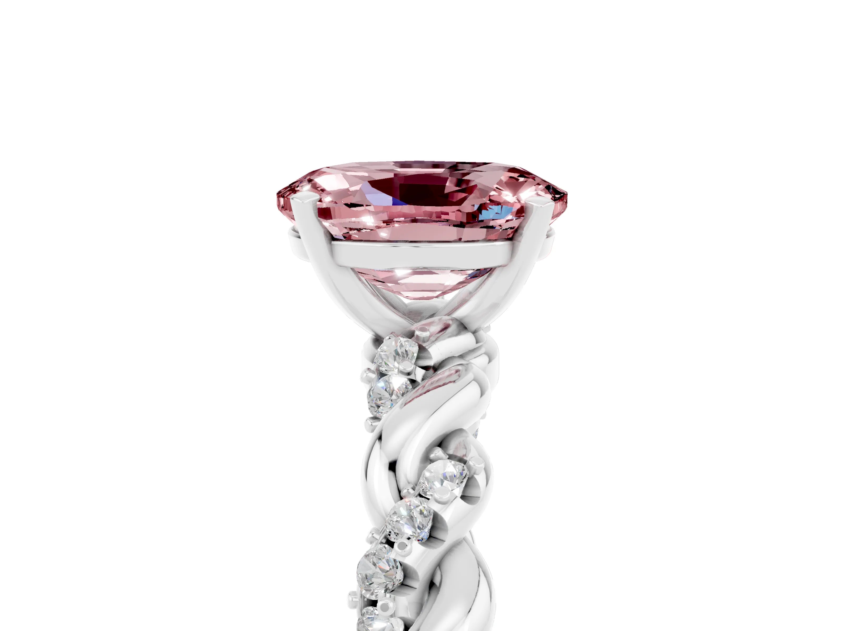 White gold Oval Cut Morganite Solitaire Ring with Twisted Band and Pavé Accents_5