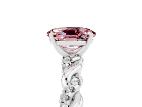 White gold Oval Cut Morganite Solitaire Ring with Twisted Band and Pavé Accents_5