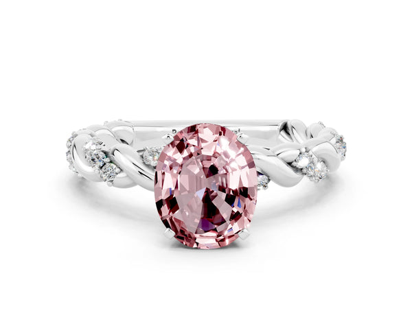 White gold Oval Cut Morganite Solitaire Ring with Twisted Band and Pavé Accents