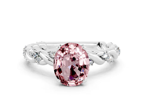 White gold Oval Cut Morganite Solitaire Ring with Twisted Band and Pavé Accents