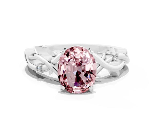 Platinum Oval Cut Morganite Solitaire Ring with Twisted Band and Prong Setting