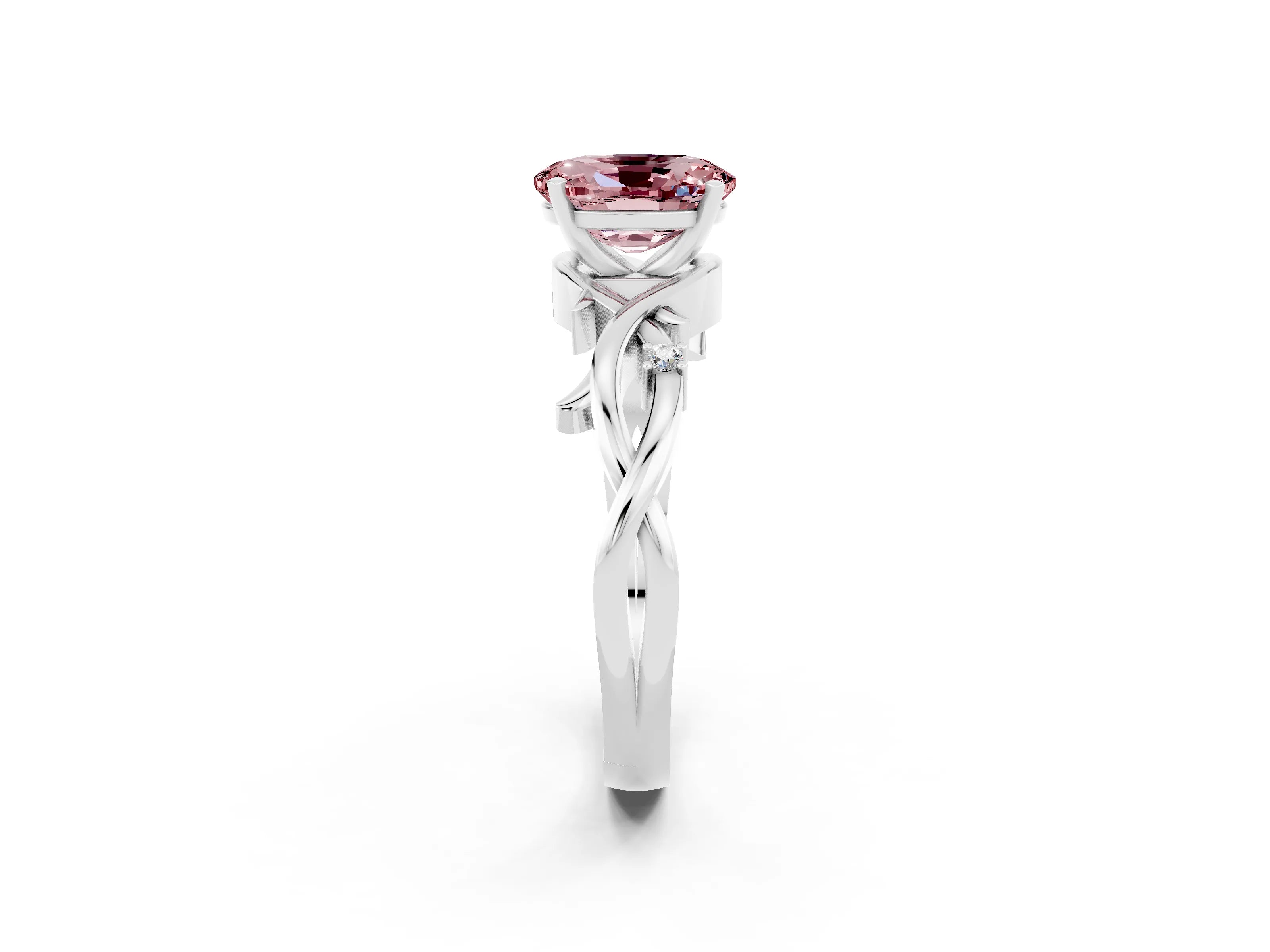 White gold Oval Cut Morganite Solitaire Ring with Twisted Band and Prong Setting_2