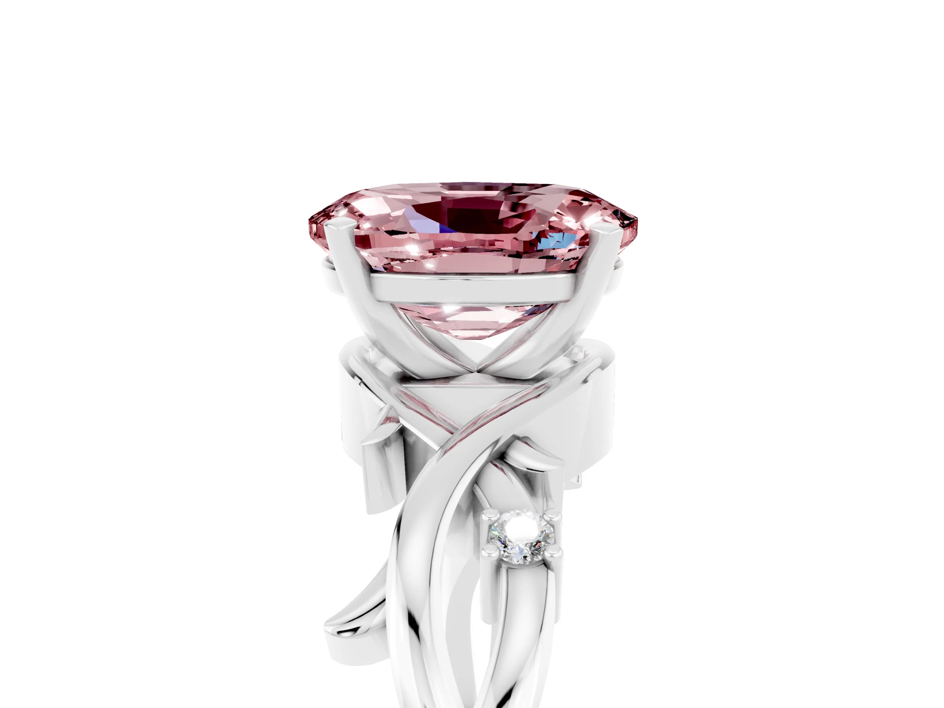 White gold Oval Cut Morganite Solitaire Ring with Twisted Band and Prong Setting_5