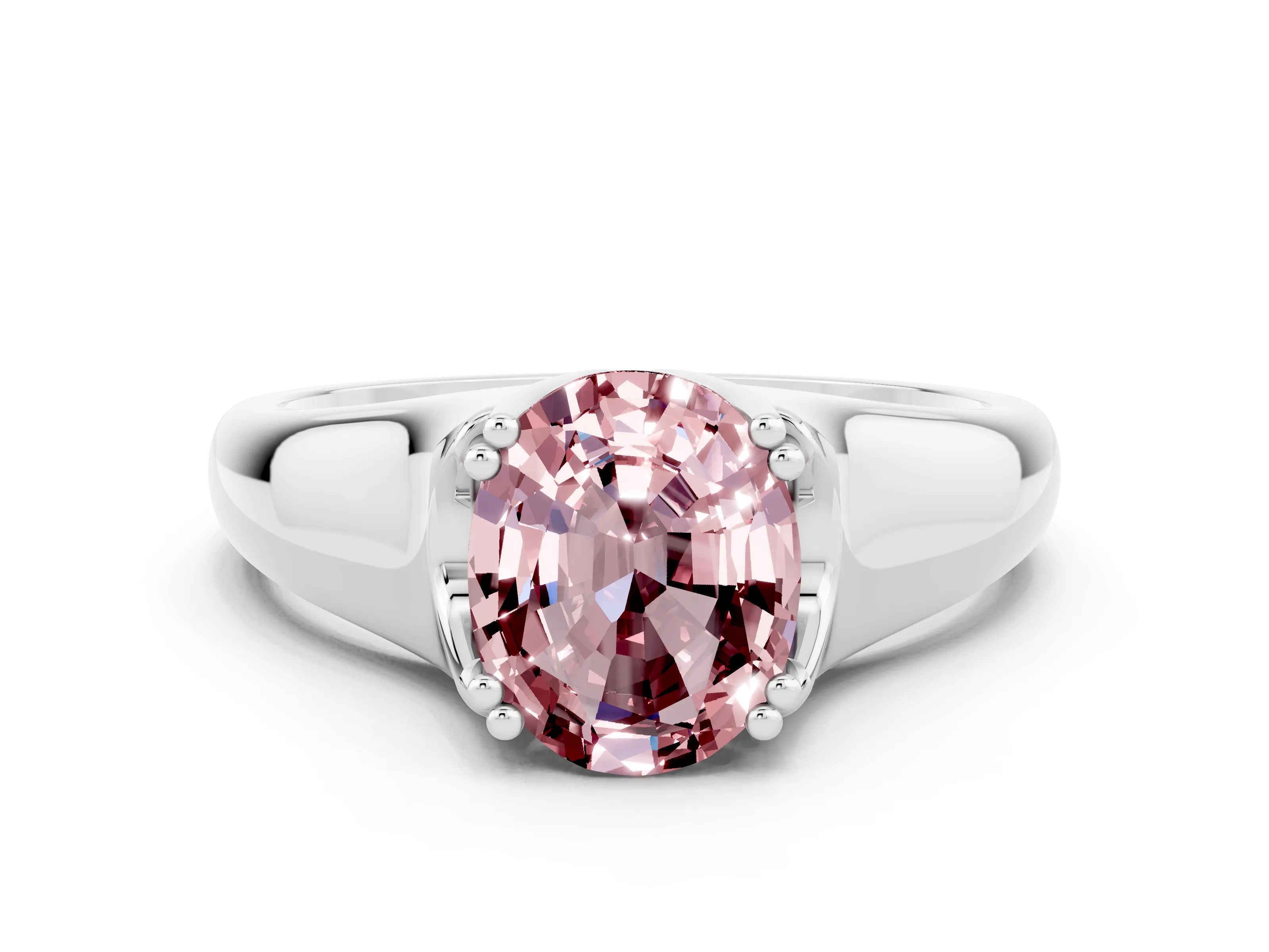 White gold Oval Cut Morganite Solitaire Ring with Wide Band and Prong Setting
