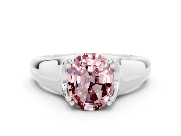 Platinum Oval Cut Morganite Solitaire Ring with Wide Band and Prong Setting