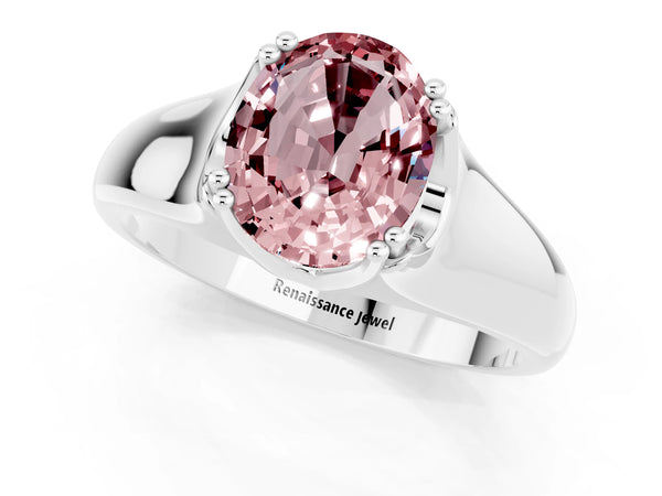 White gold Oval Cut Morganite Solitaire Ring with Wide Band and Prong Setting