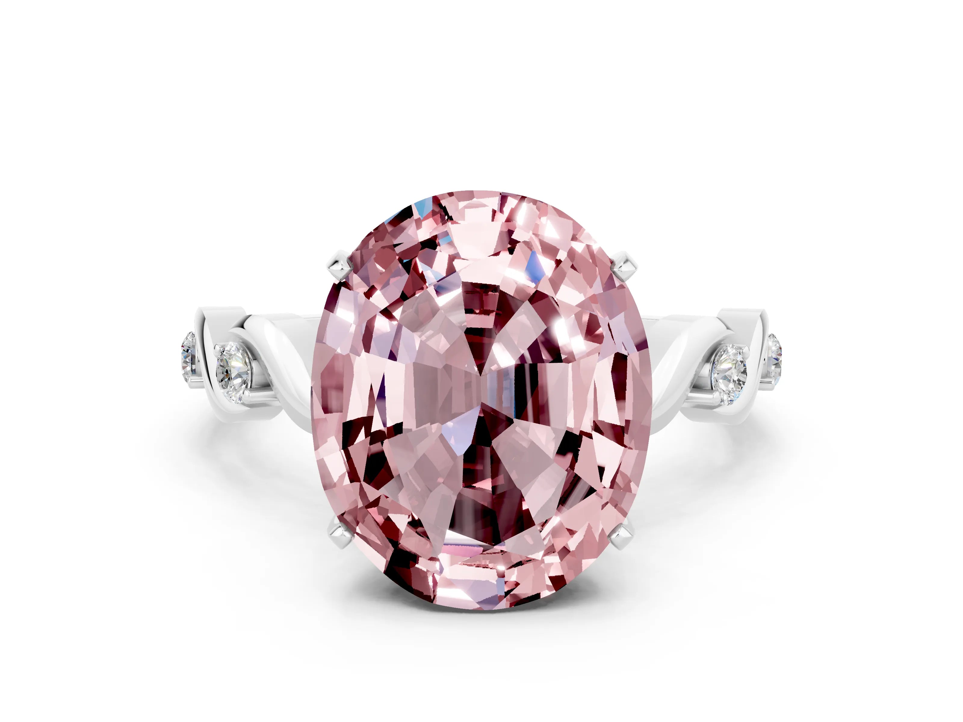 White gold Oval Cut Morganite Solitaire Twisted Band with Round  Accents and Prong Setting_12