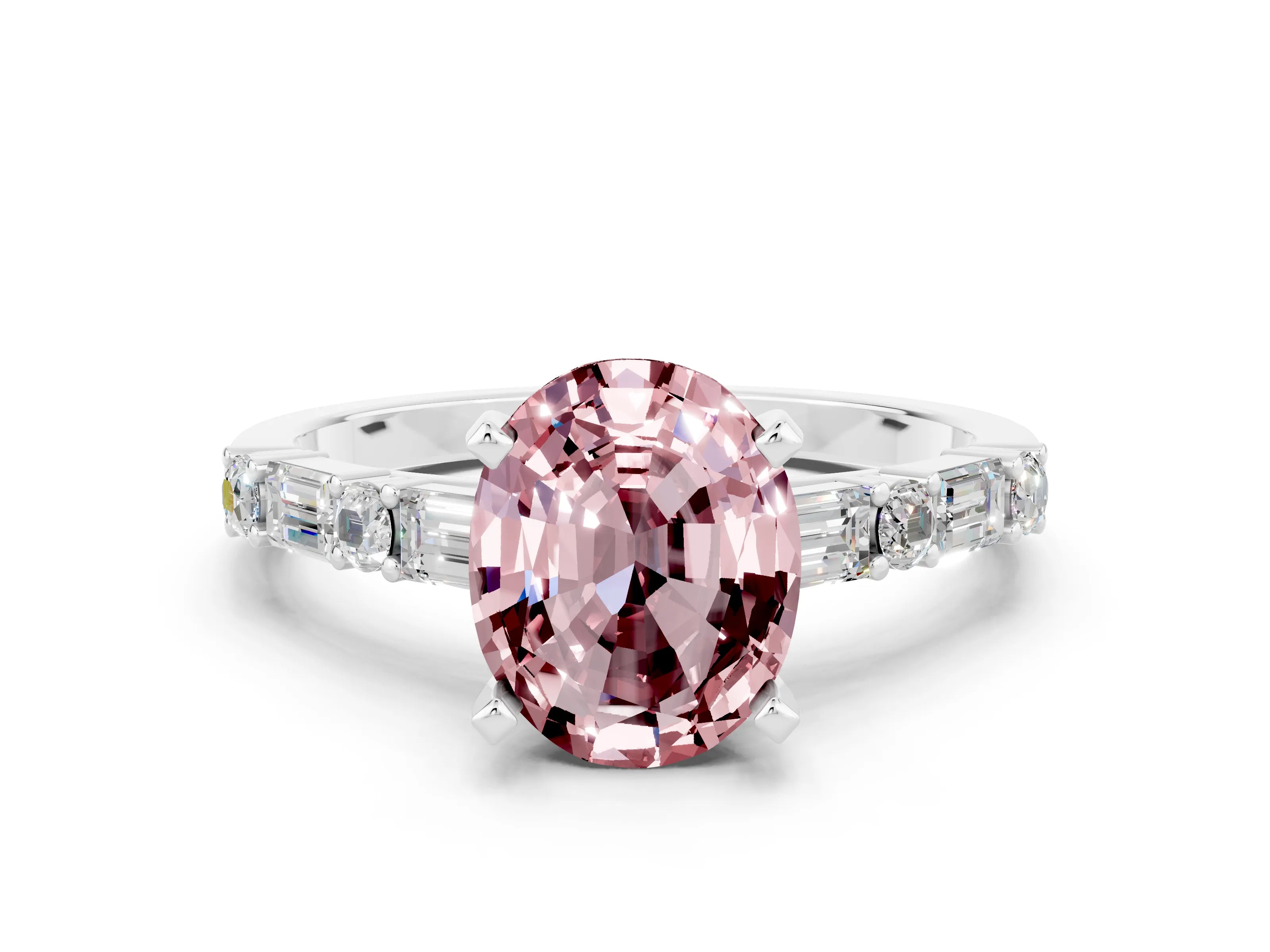 White gold Oval Cut Morganite Solitaire with Side Baguettes and Channel Set Band